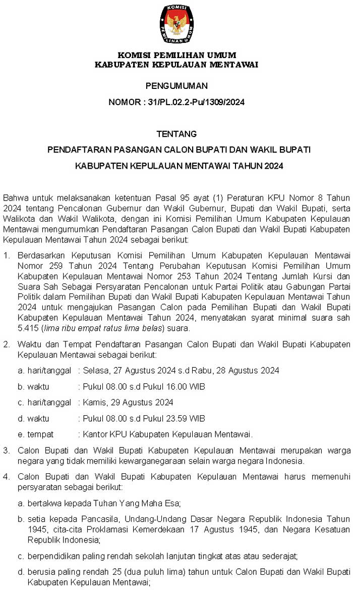 Pengumuman Pendaftaran Pasangan Calon Bupati dan Wakil Bupati Kepulauan Mentawai Tahun 2024