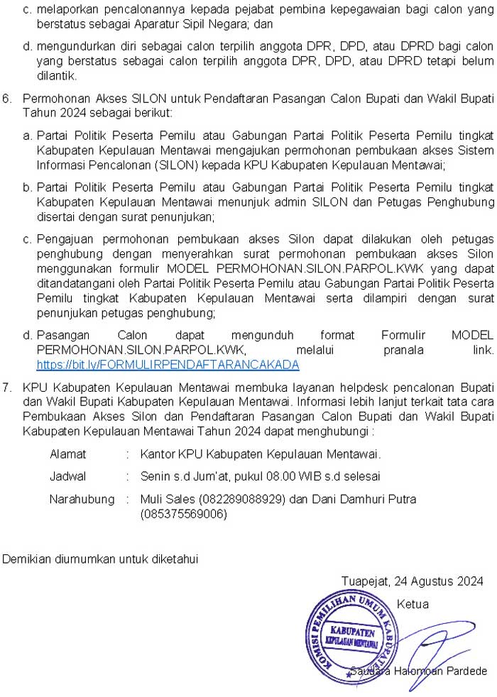 Pengumuman Pendaftaran Pasangan Calon Bupati dan Wakil Bupati Kepulauan Mentawai Tahun 2024