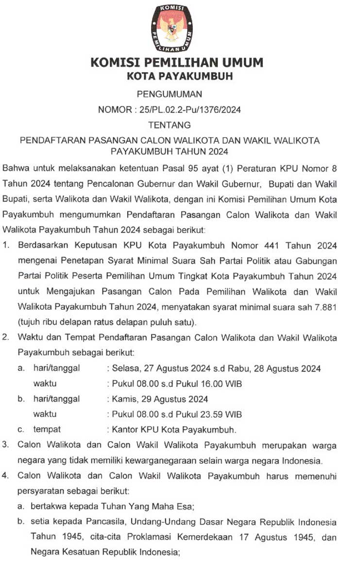 Pengumuman KPU tentang Pendaftaran Pasangan Calon Walikota dan Wakil Walikota Payakumbuh Tahun 2024 4
