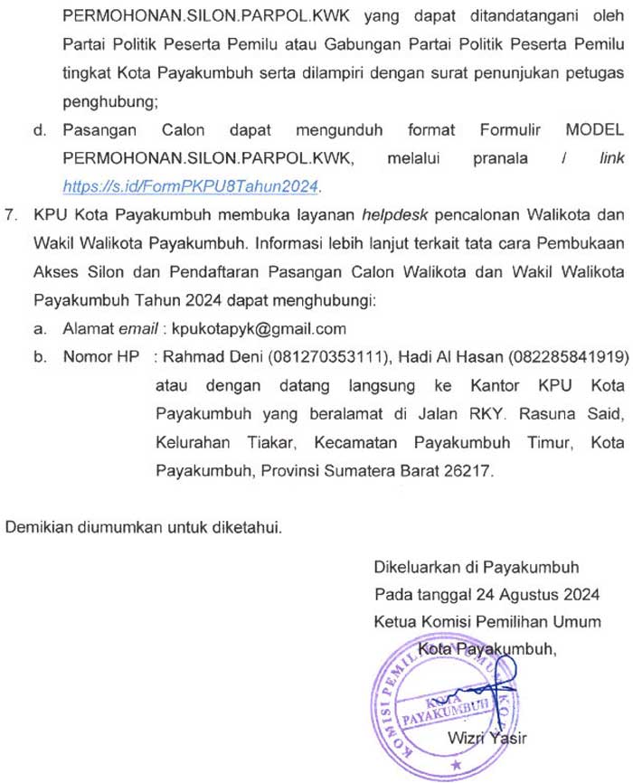 Pengumuman KPU tentang Pendaftaran Pasangan Calon Walikota dan Wakil Walikota Payakumbuh Tahun 2024 1