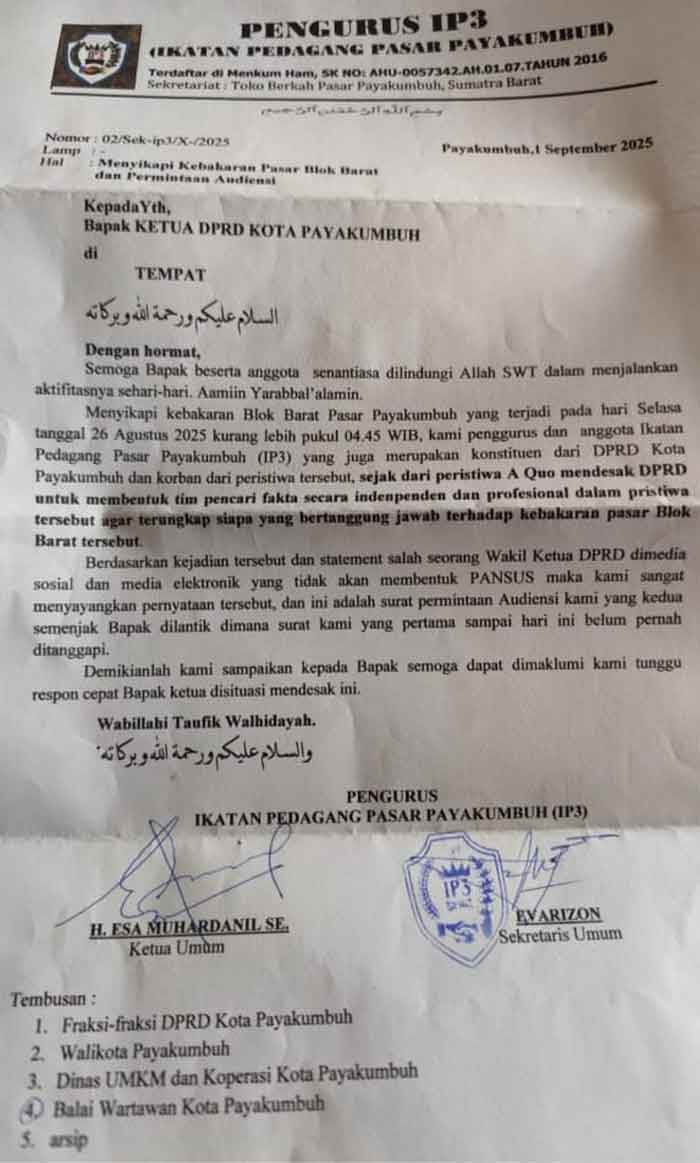 Terkait Kebakaran Pasar Payakumbuh, Ikatan Pedagang Pasar Sayangkan Pernyataan Wakil Ketua DPRD 2 Surat Pengurus Ikatan Pedagang Pasar Payakumbuh (IP3)